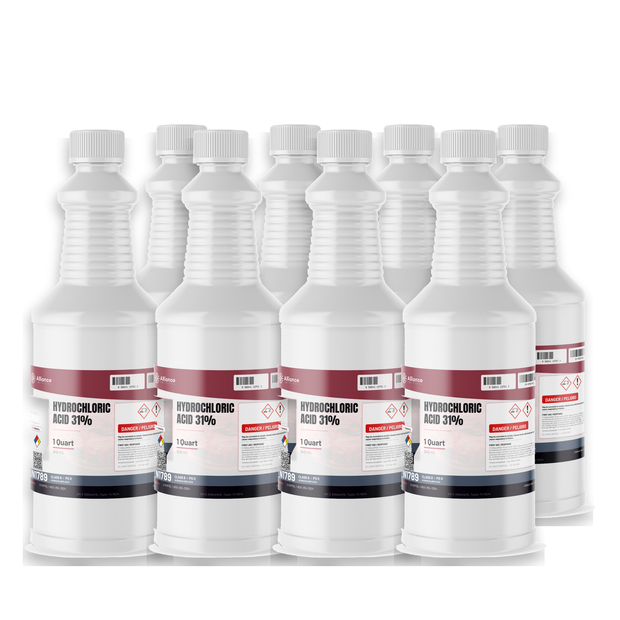 Hydrochloric Acid 31% Technical Grade, eight 1-quart white plastic bottles, Alliance Chemical