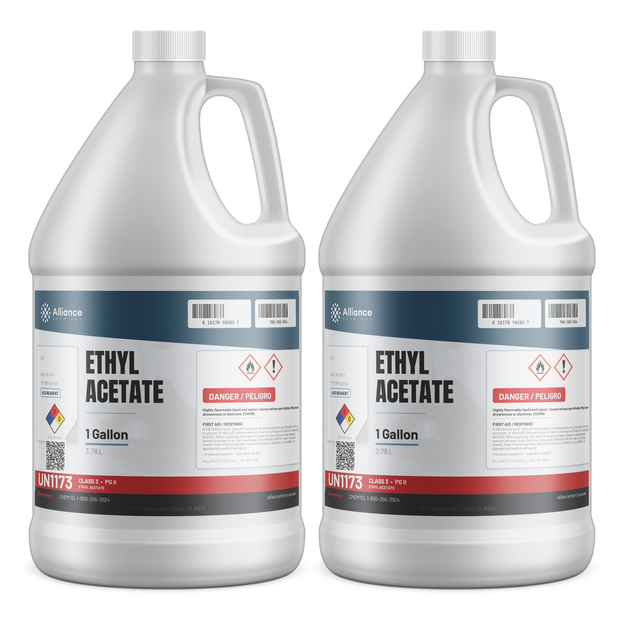 Ethyl Acetate ACS Reagent Grade in two 1-gallon plastic jugs from Alliance Chemical for industrial coatings and resins