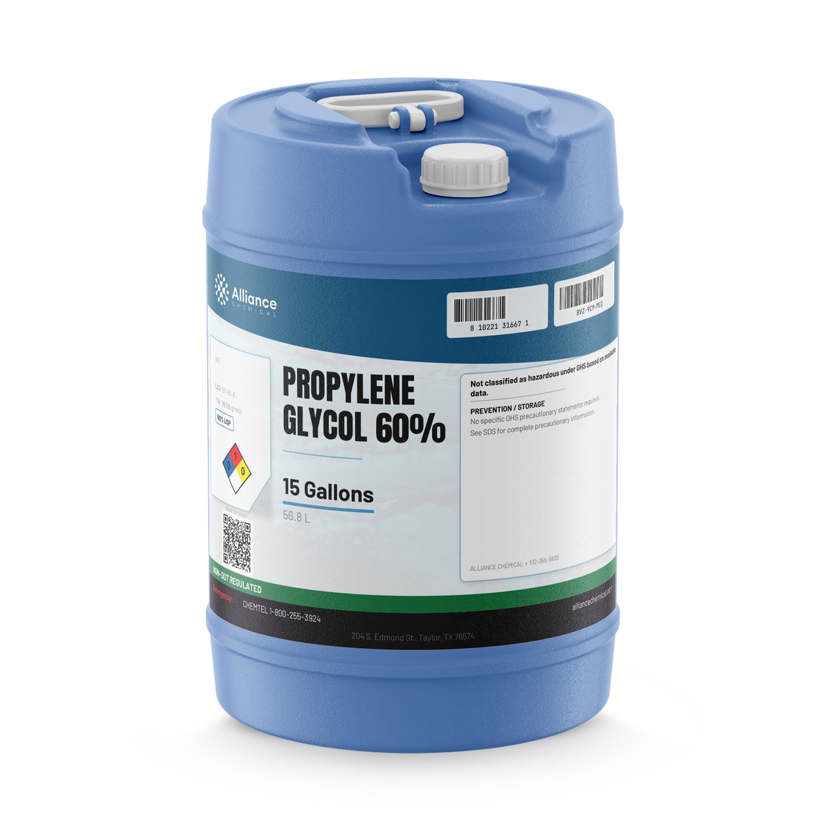Propylene Glycol 60% USP Grade in a blue 15-gallon plastic carboy with top handles, Alliance Chemical