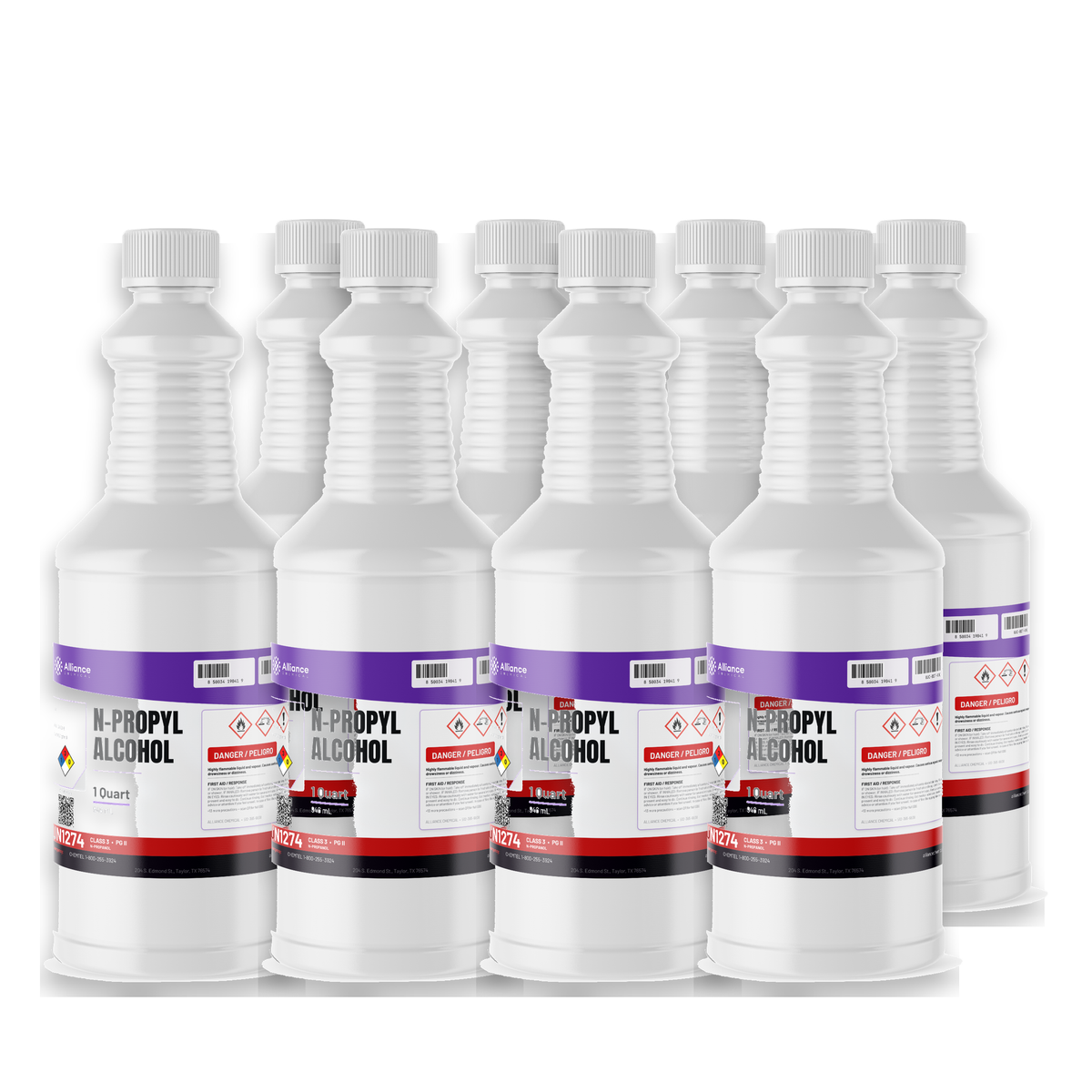 N-propyl alcohol technical grade case of eight 1-quart plastic bottles for lacquer formulations, Alliance Chemical