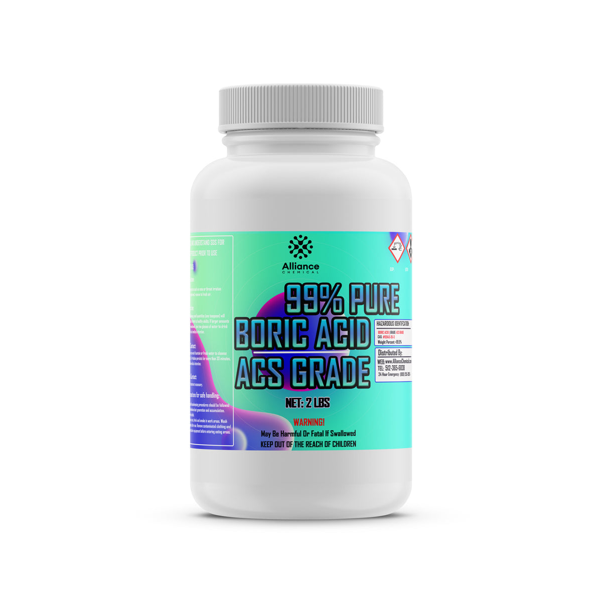 2lb HDPE bottle of 99% pure ACS-grade boric acid powder by Alliance Chemical