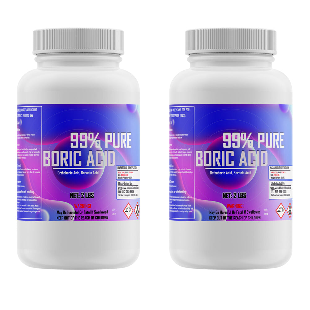 Two 2-lb plastic bottles of Alliance Chemical Boric Acid with white screw caps and product labels.