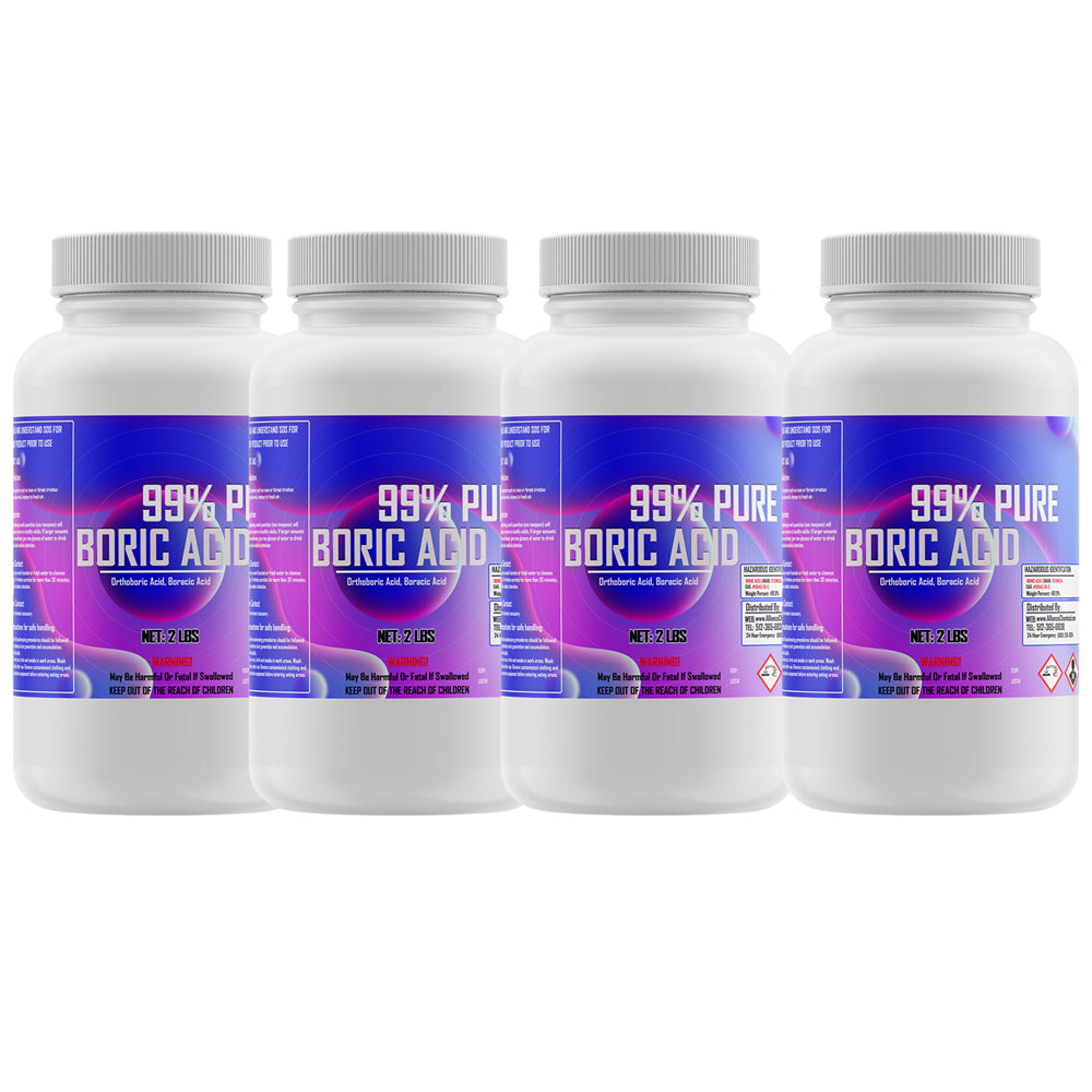 2 LBS x 4 bottles of 99% pure boric acid powder in white HDPE containers with hazard warning symbols, purple-blue gradient labels.