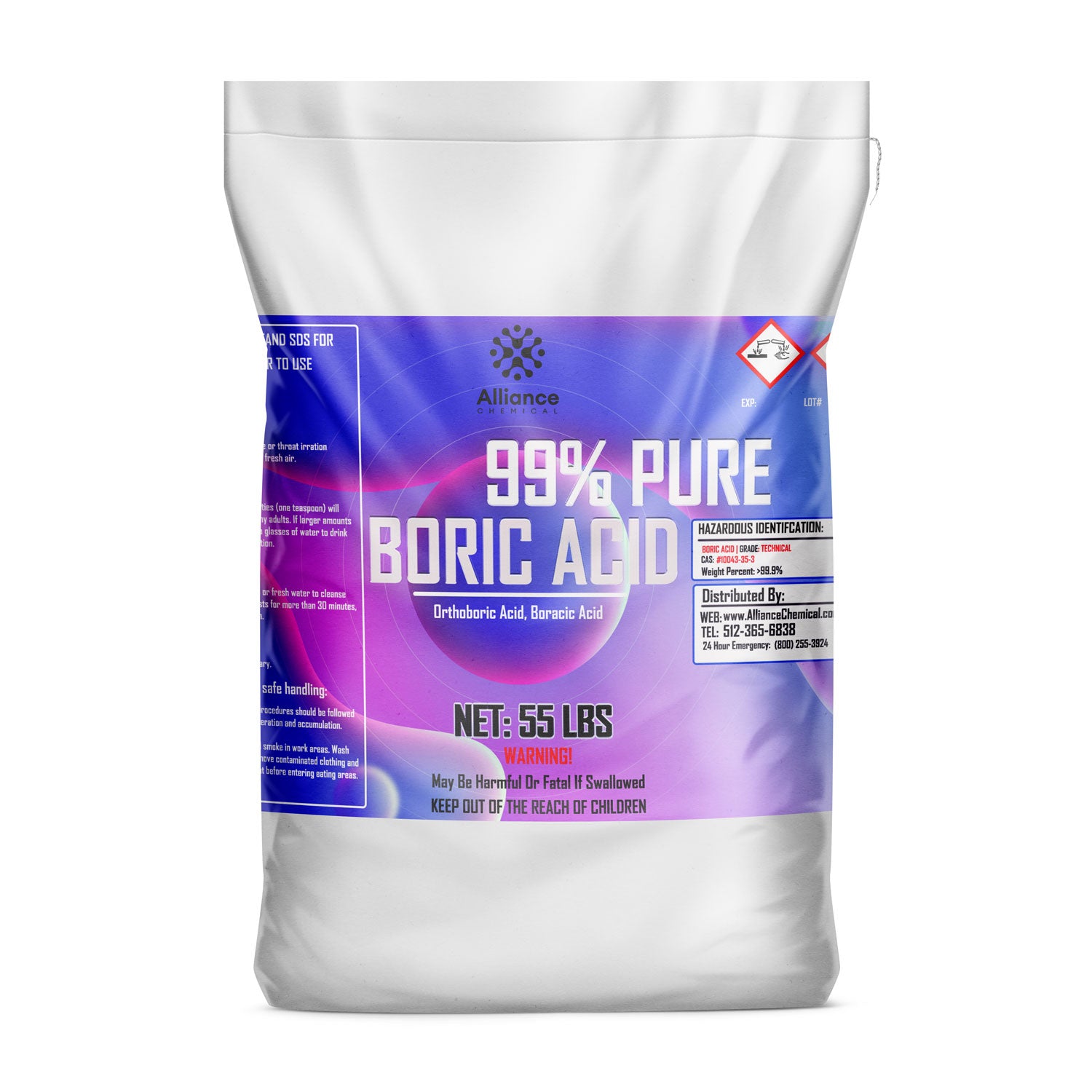 55LB industrial-grade boric acid powder in white polymer bag, 99% pure orthoboric acid, with hazard warnings and Alliance Chemical branding, purple gradient design.