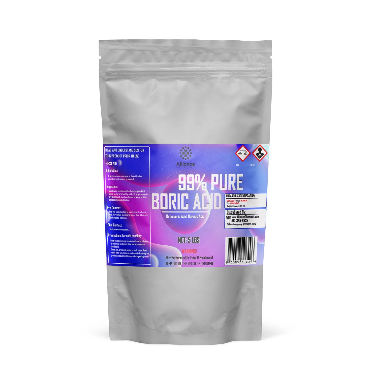 5lb pure boric acid powder in resealable silver pouch, 99% purity grade, with hazard warning symbols and first aid instructions on purple label.