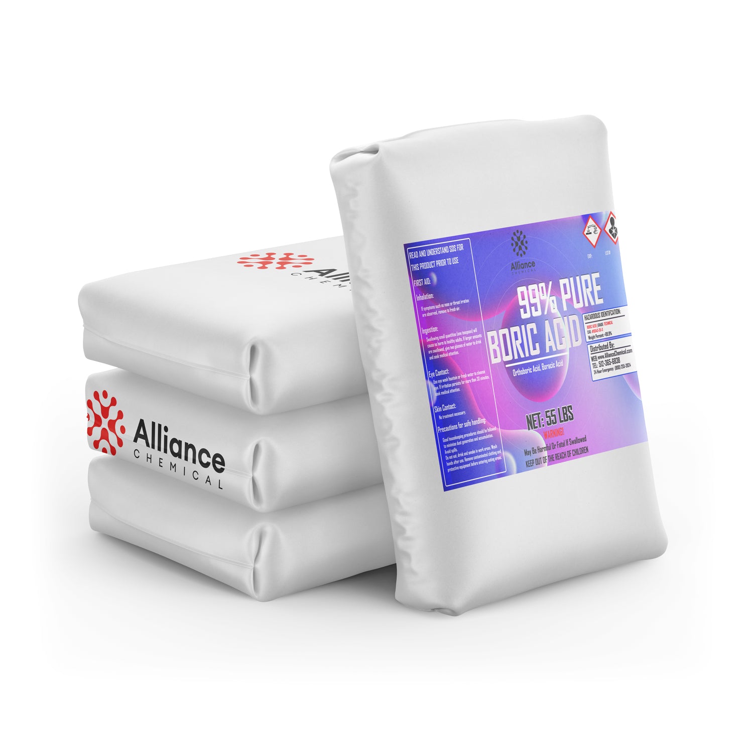 55 LBS 99% Pure Boric Acid in white industrial bags by Alliance Chemical, featuring hazard warning symbols and purple-gradient product label.