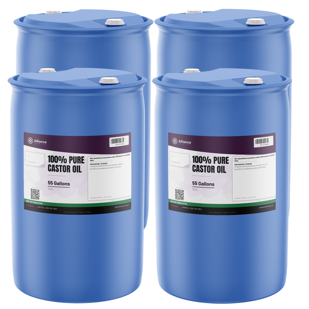 100% pure castor oil, technical grade, in four blue 55-gallon drums from Alliance Chemical