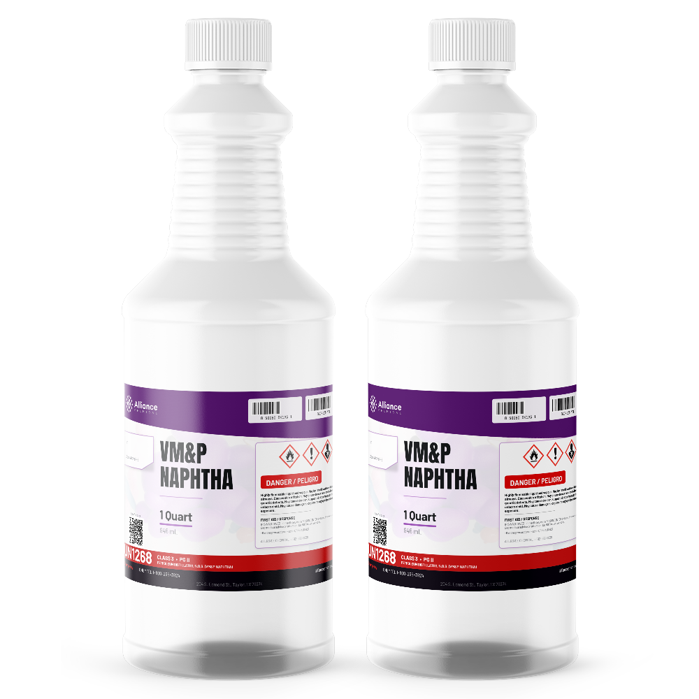 VM&P Naphtha Technical Grade in two 1-quart plastic bottles for paint thinning, Alliance Chemical