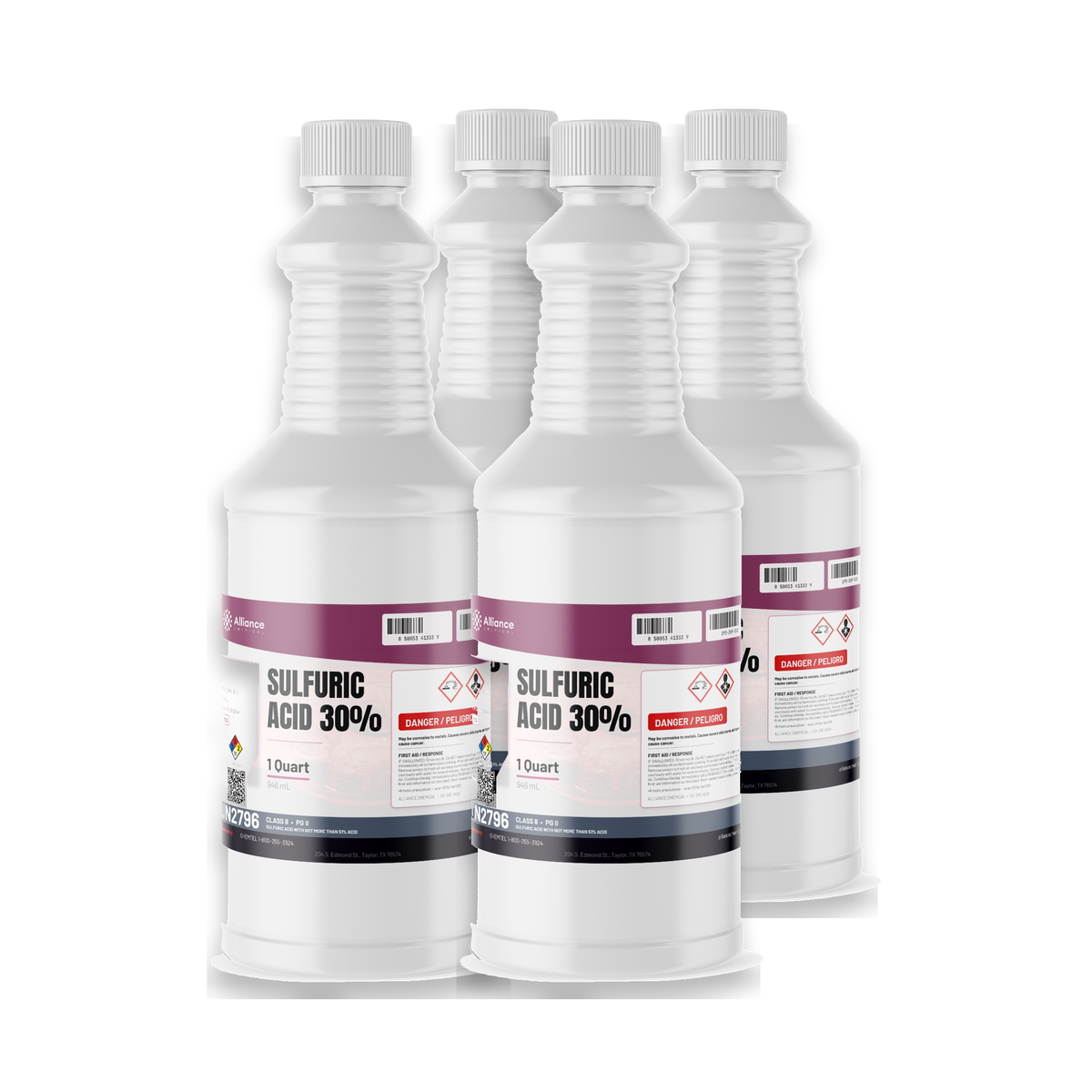 Sulfuric Acid 30% Technical Grade four 1-quart plastic bottles for pH neutralization, Alliance Chemical