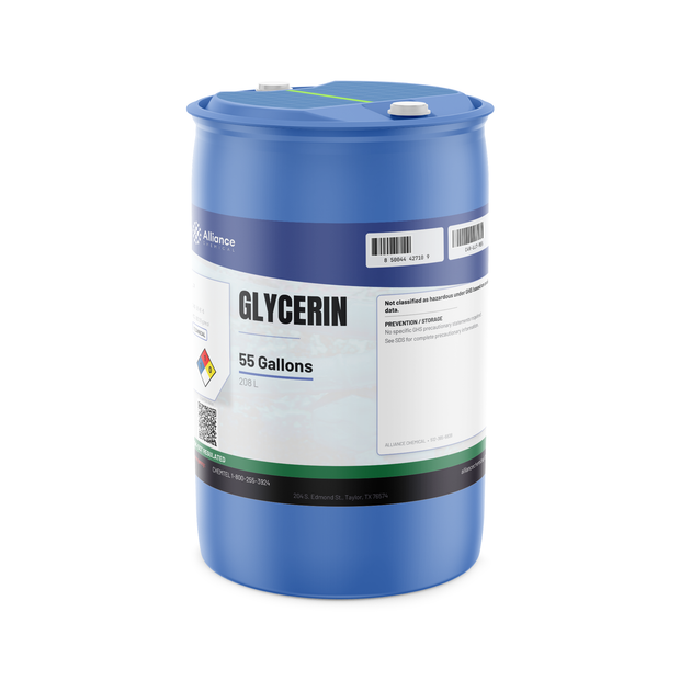 Glycerin Technical Grade liquid in a 55-gallon blue plastic drum from Alliance Chemical