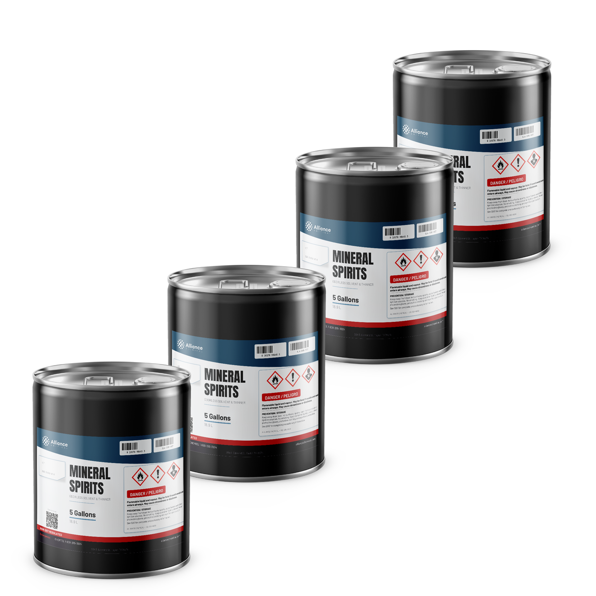 Technical grade mineral spirits in four 5-gallon metal pails for paint thinning and parts degreasing, Alliance Chemical