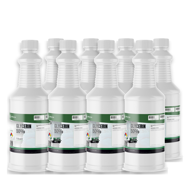 Glycerin 50% Food Grade in eight 1-quart white plastic bottles from Alliance Chemical