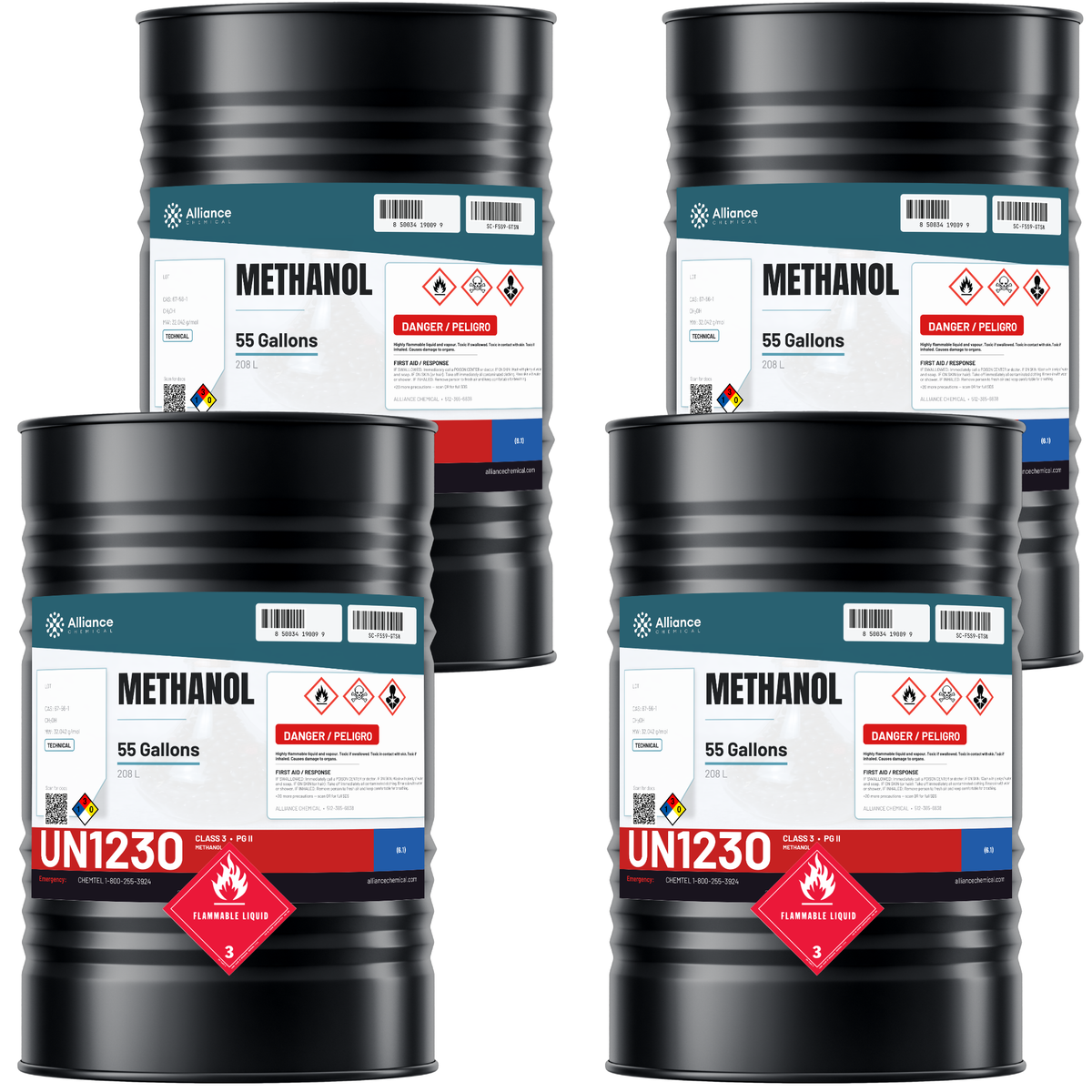 Technical grade methanol in four 55-gallon steel drums from Alliance Chemical for industrial synthesis and solvent applications
