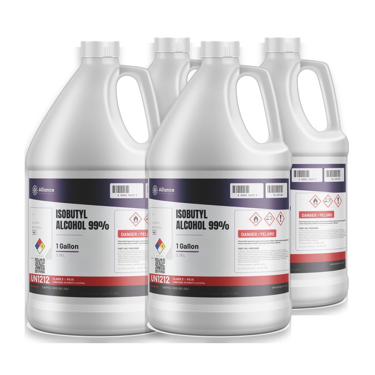 Isobutyl Alcohol 99% Technical Grade in four 1-gallon plastic jugs, Alliance Chemical