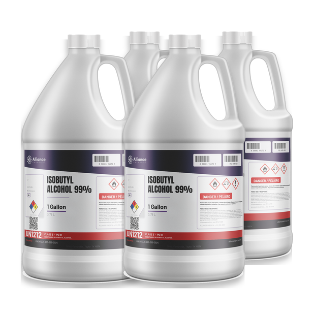 Isobutyl Alcohol 99% Technical Grade in four 1-gallon plastic jugs, Alliance Chemical