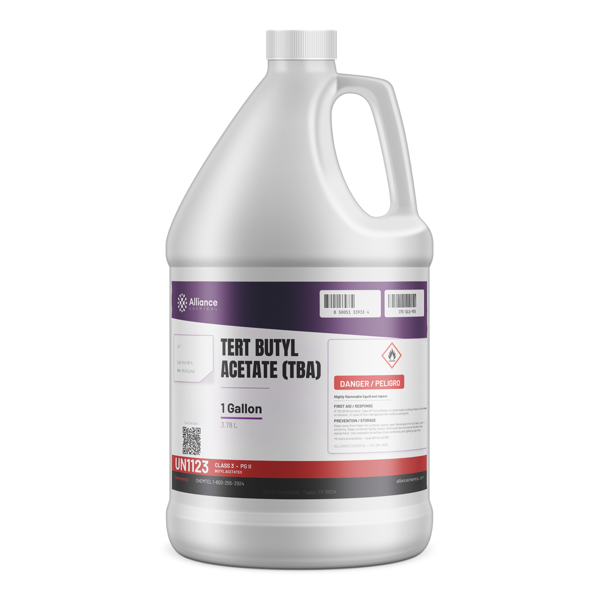 Tert Butyl Acetate Technical Grade in a 1-gallon plastic jug from Alliance Chemical for industrial coatings and metal degreasing
