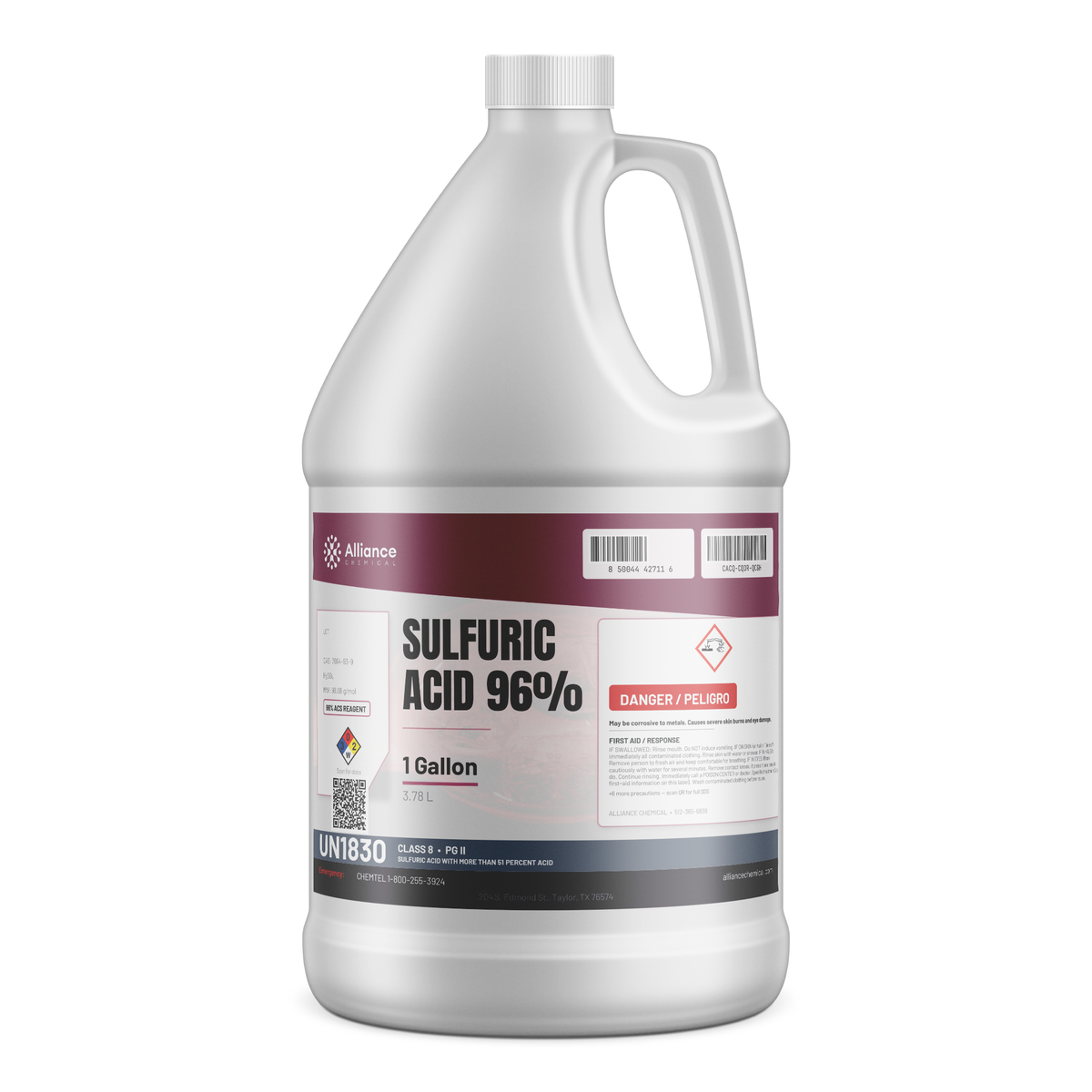 Sulfuric Acid 96% ACS Reagent Grade 1-gallon jug, Alliance Chemical for metal treatment and chemical synthesis