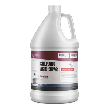 Sulfuric Acid 96% ACS Reagent Grade in a 1-gallon white plastic jug for chemical manufacturing and metal treatment, Alliance Chemical