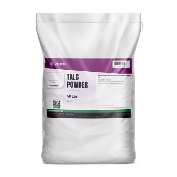 Talc Powder ACS Reagent Grade in a 50-lb bag from Alliance Chemical for industrial and laboratory use