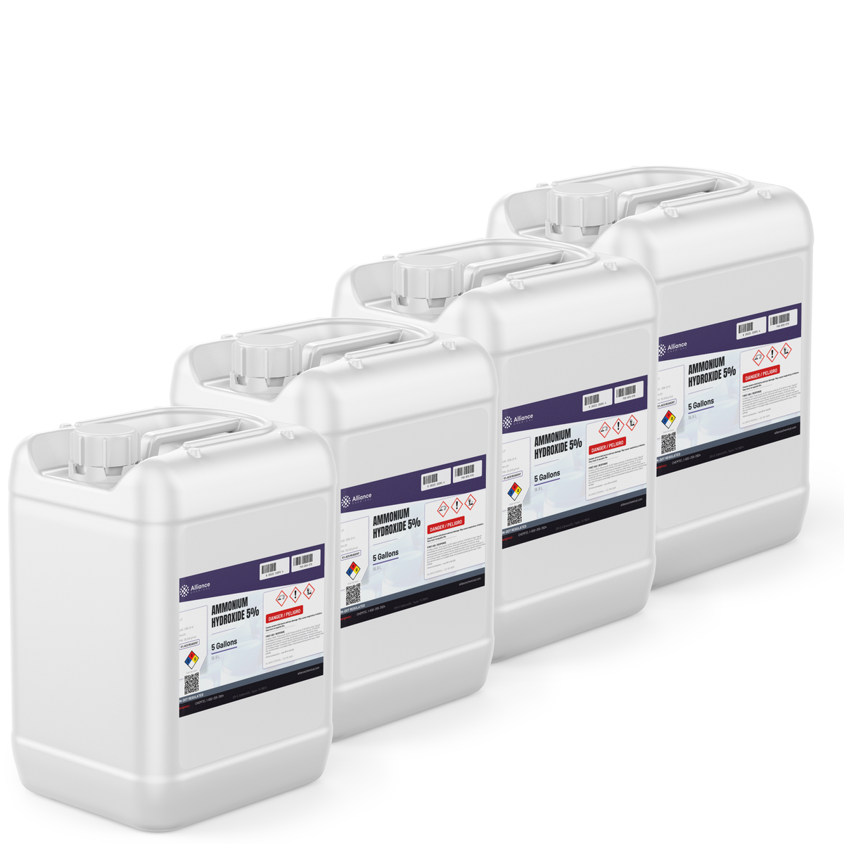 Ammonium Hydroxide 5% ACS Grade in four 5-gallon white plastic pails, Alliance Chemical
