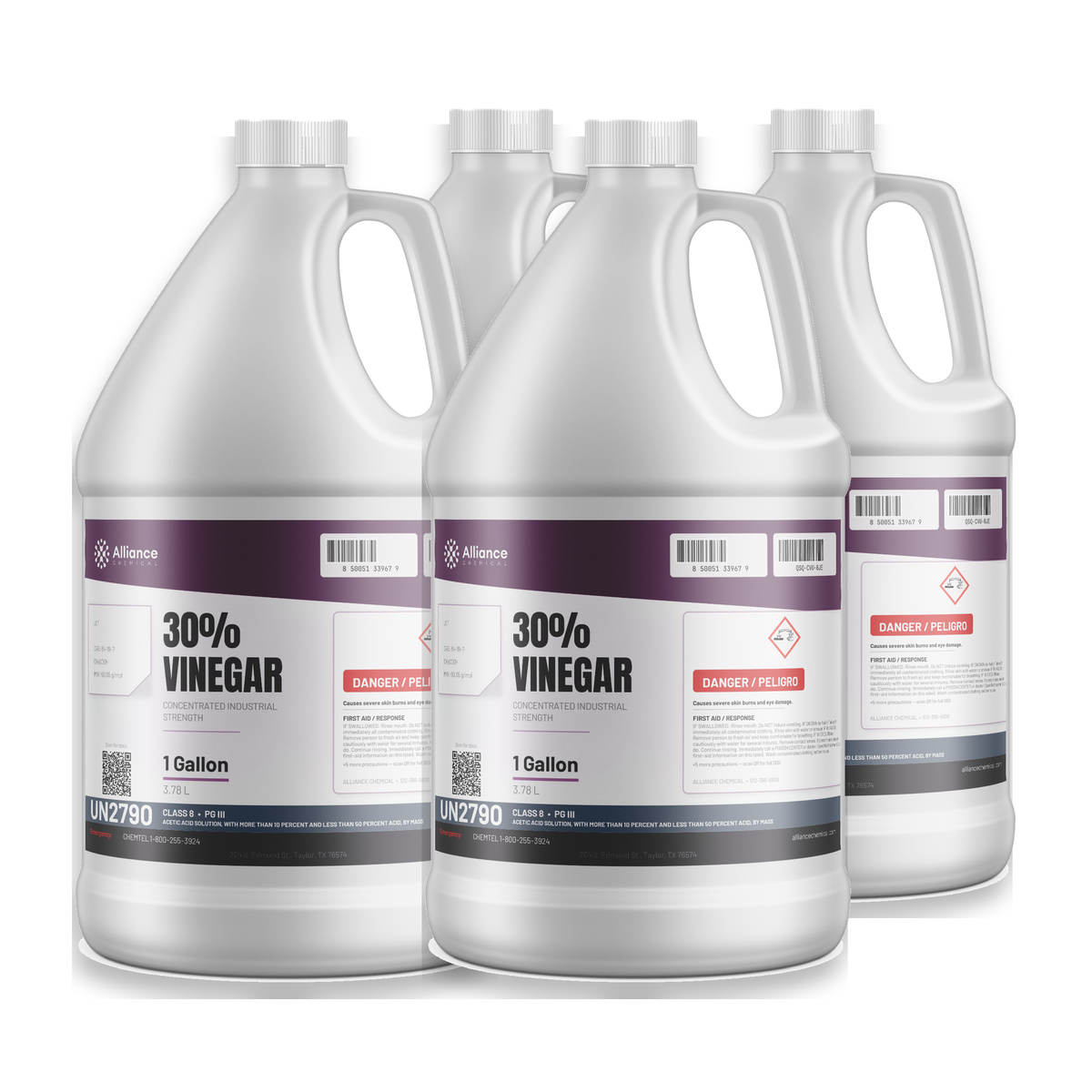 30% vinegar technical grade in four 1-gallon jugs, Alliance Chemical for concrete etching and scale removal