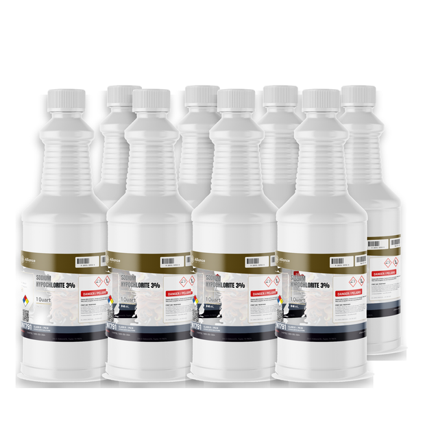 Sodium Hypochlorite 3% Technical Grade in eight 1-quart white plastic bottles, Alliance Chemical