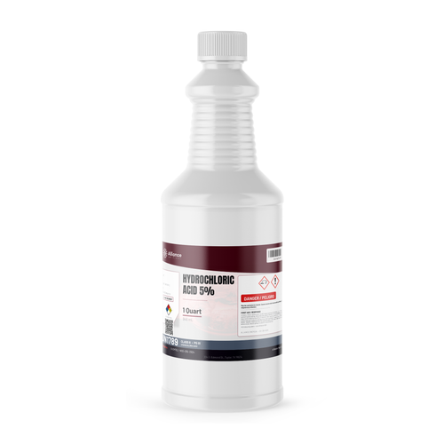 Hydrochloric Acid 5% ACS Grade in a 1-quart white plastic bottle with screw cap from Alliance Chemical
