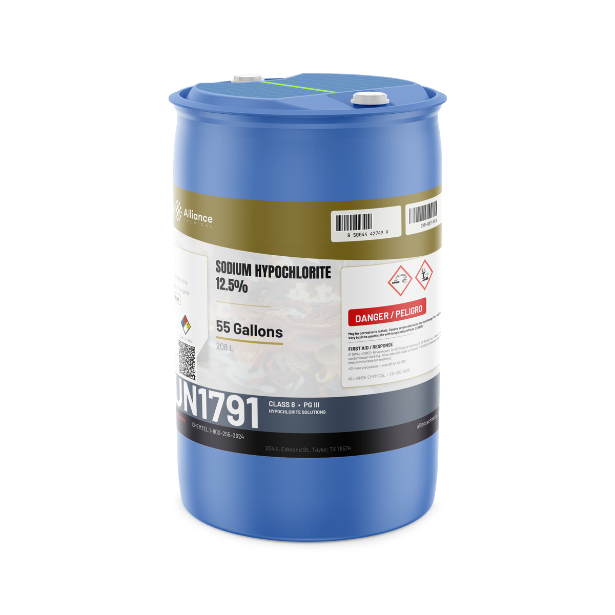 Sodium Hypochlorite 12.5% Water Treatment Grade in a 55-gallon drum for wastewater odor control, Alliance Chemical