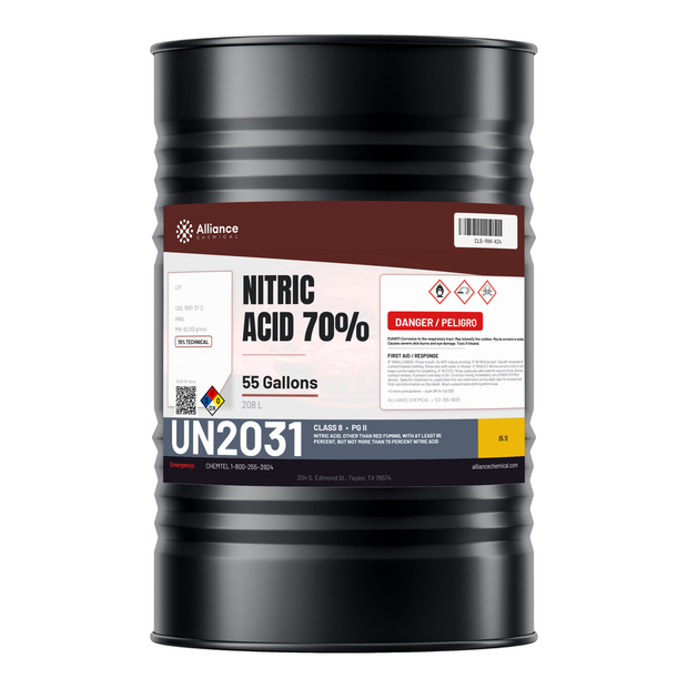 Nitric Acid 70% Technical Grade packaged in a 55-gallon black steel drum from Alliance Chemical