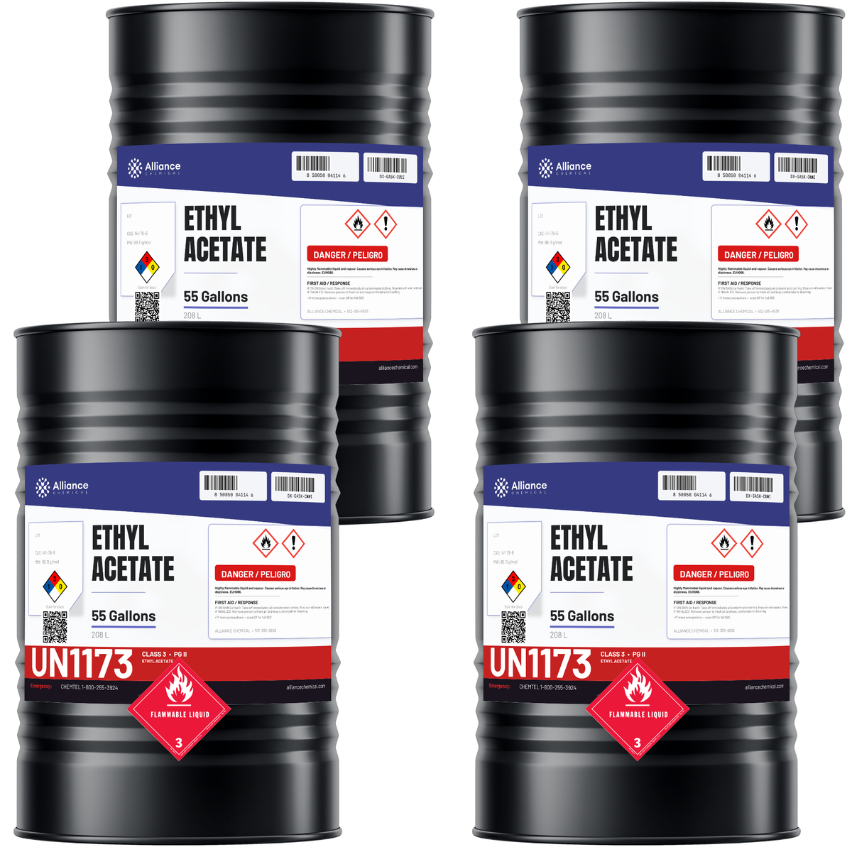 Ethyl Acetate Technical Grade in four 55-gallon drums from Alliance Chemical for industrial coatings and adhesives