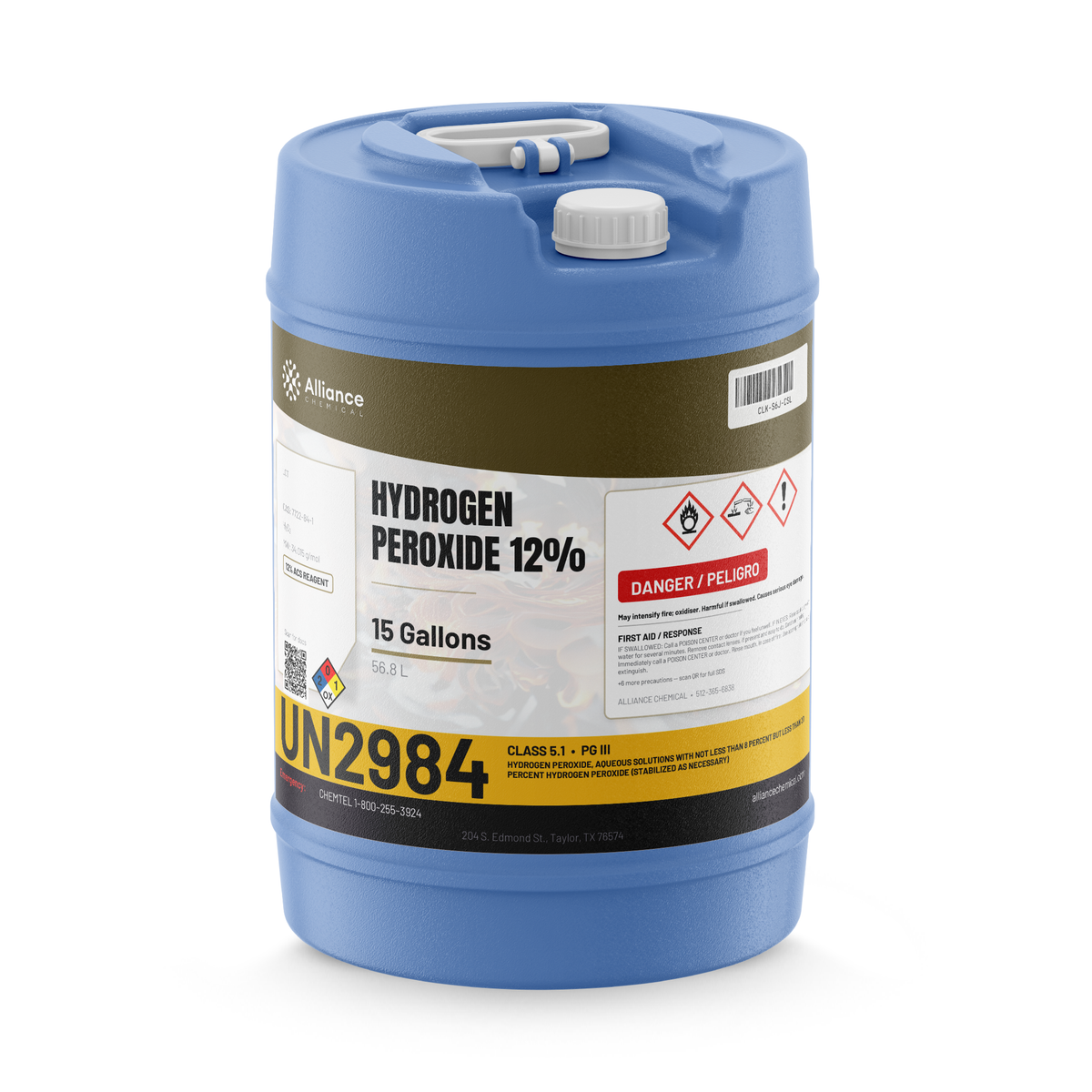 Hydrogen Peroxide 12% ACS Reagent Grade in a 15-gallon blue carboy, Alliance Chemical