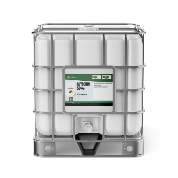 Glycerin 50% Food Grade liquid in a caged 330-gallon IBC tote from Alliance Chemical