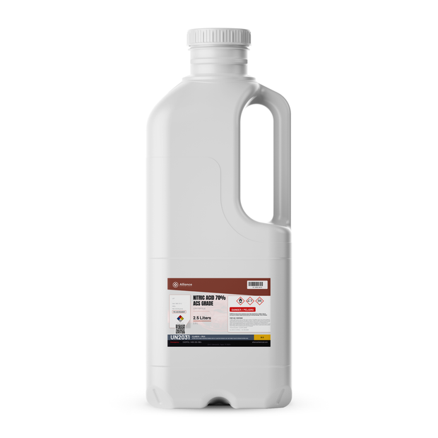 Nitric Acid 70% ACS Grade 2.5-liter white plastic jug for sample digestion, Alliance Chemical