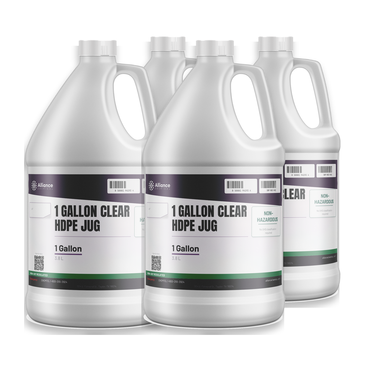 Clear HDPE jug, four 1-gallon translucent plastic jugs with caps from Alliance Chemical