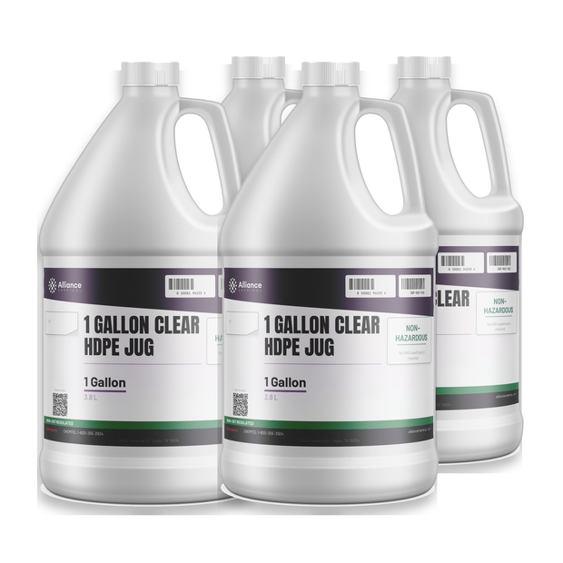 Clear HDPE jug, four 1-gallon translucent plastic jugs with caps from Alliance Chemical