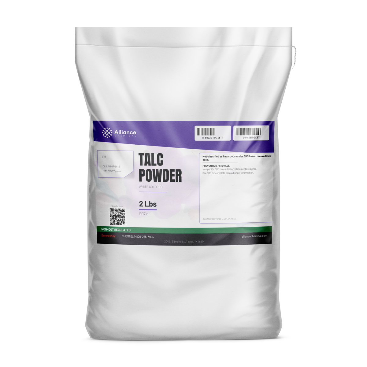 Technical grade white talc powder in a 2-lb sealed bag from Alliance Chemical for industrial filler applications