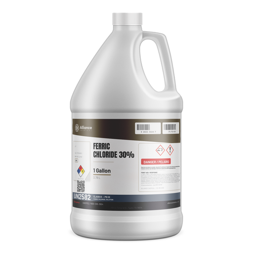Ferric chloride 30% technical grade in a 1-gallon plastic jug by Alliance Chemical for water treatment