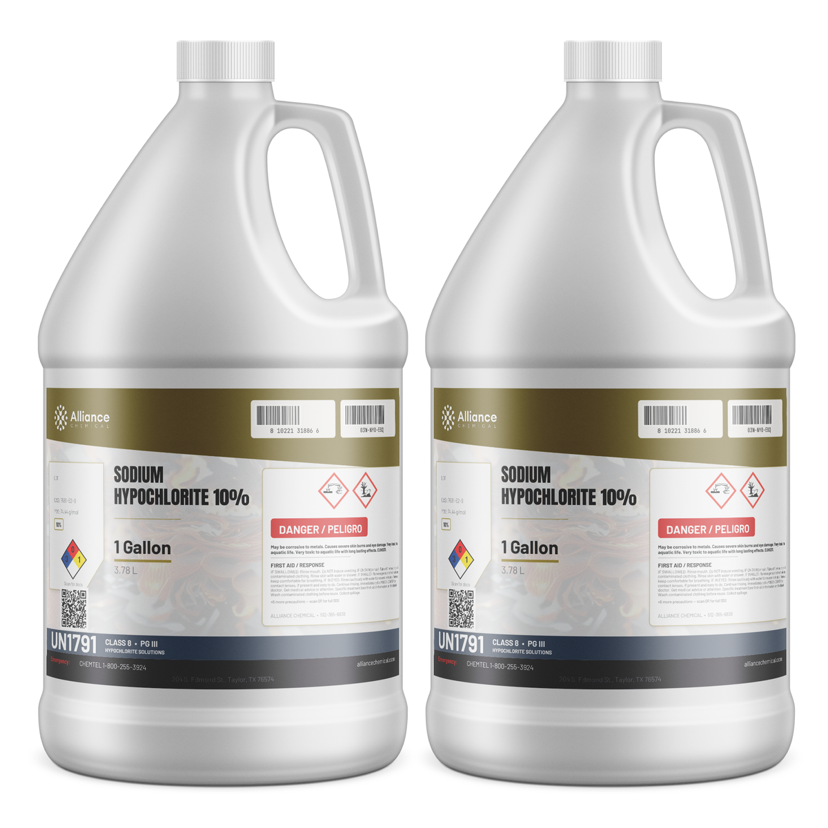 Sodium Hypochlorite 10% Technical Grade in two 1-gallon plastic jugs, Alliance Chemical