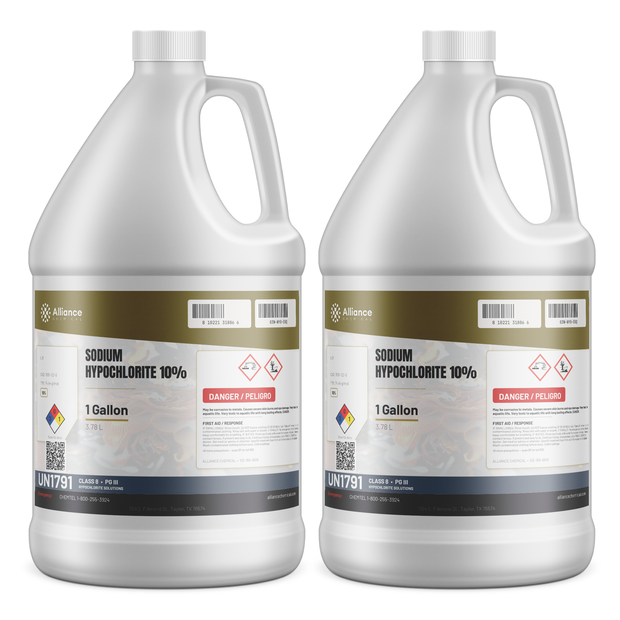 Sodium Hypochlorite 10% Technical Grade in two 1-gallon plastic jugs, Alliance Chemical