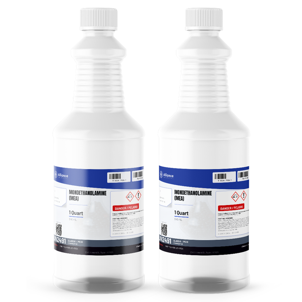 Monoethanolamine Technical Grade in two 1-quart plastic bottles from Alliance Chemical for acid gas scrubbing