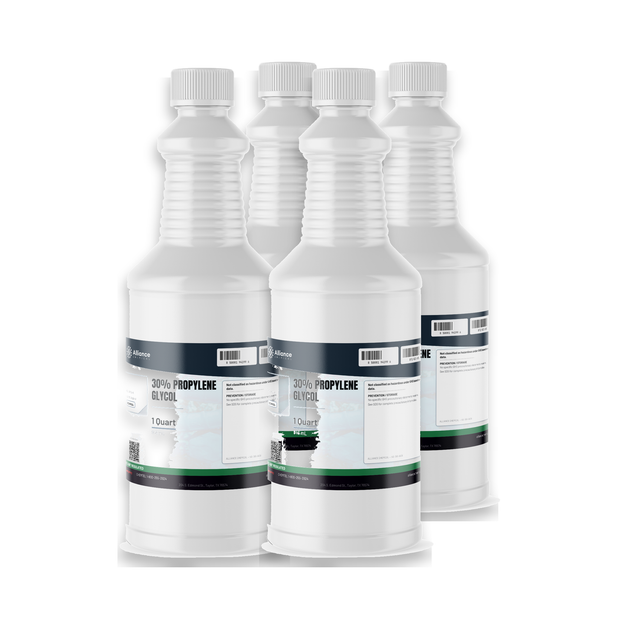 30% Propylene Glycol Technical Grade in four 1-quart white plastic bottles, Alliance Chemical