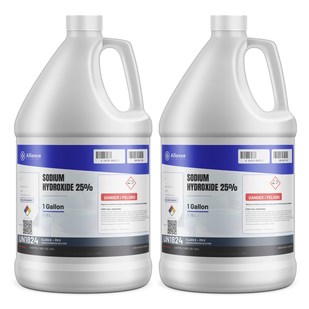 Sodium hydroxide 25% ACS grade solution in two 1-gallon plastic jugs, Alliance Chemical