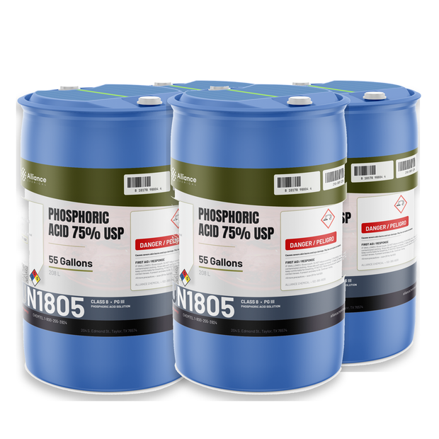 Phosphoric Acid 75% USP Food Grade in four 55-gallon blue drums, Alliance Chemical for rust removal and metal preparation