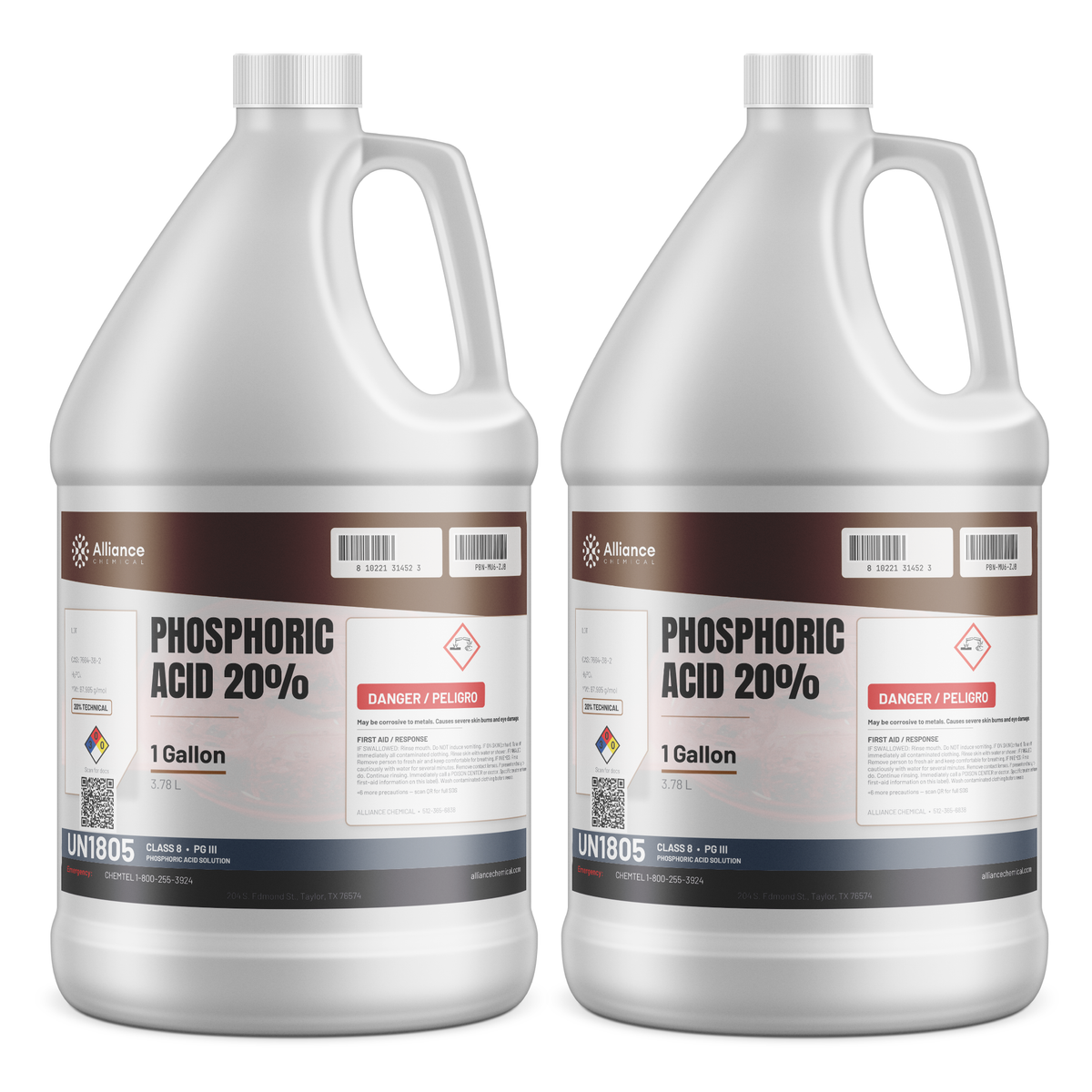 Phosphoric Acid 20% Technical Grade in two 1-gallon plastic jugs, Alliance Chemical