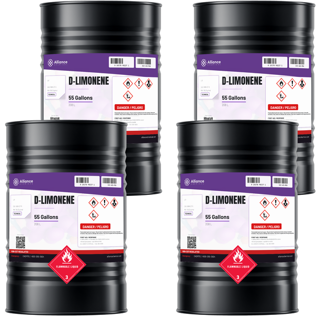 D-Limonene Technical Grade solvent, four 55-gallon black steel drums from Alliance Chemical