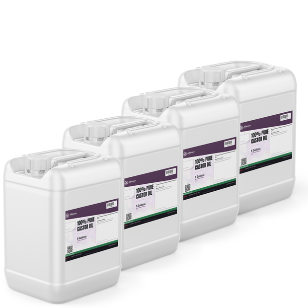 100% pure castor oil, technical grade, in four 5-gallon plastic jugs from Alliance Chemical
