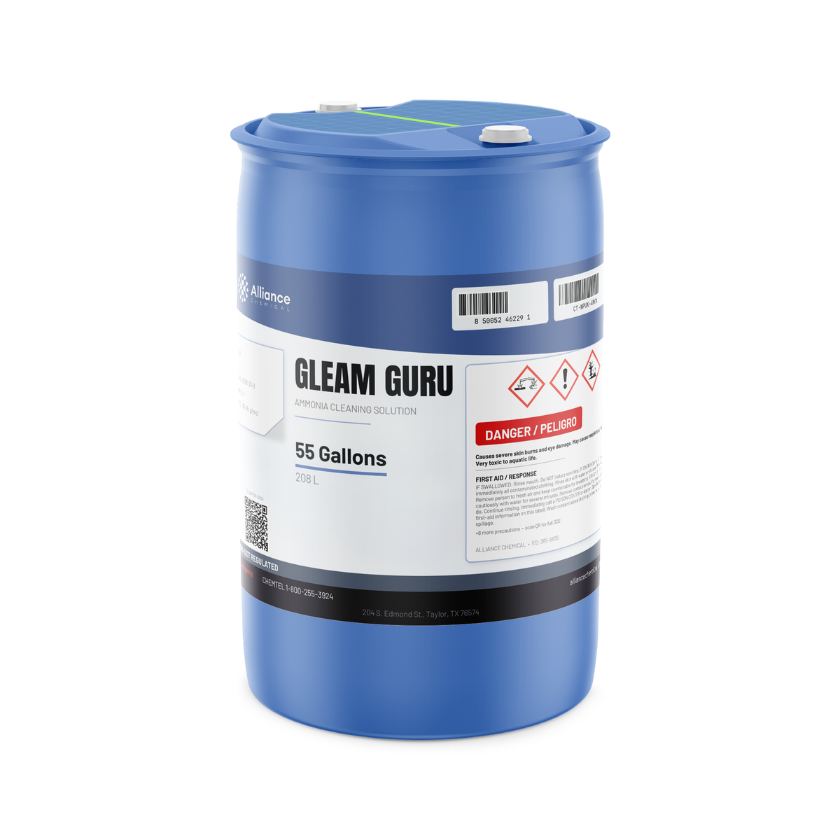 Ammonium hydroxide 10% technical grade in a 55-gallon blue plastic drum, Alliance Chemical
