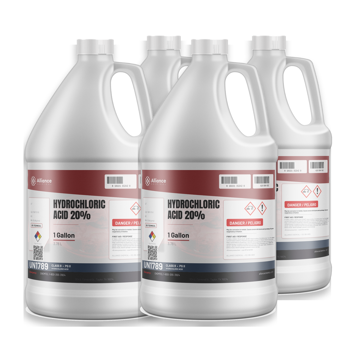 Hydrochloric Acid 20% Technical Grade in four 1-gallon plastic jugs from Alliance Chemical