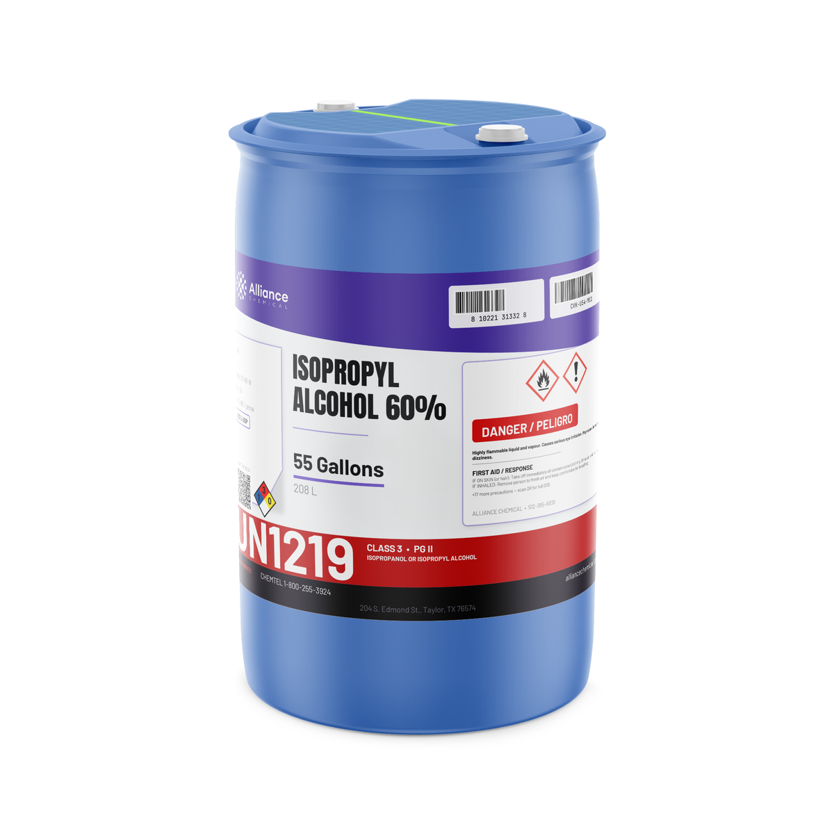 Isopropyl Alcohol 60% USP Grade in a blue 55-gallon drum with two top bungs, Alliance Chemical