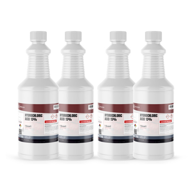 Hydrochloric Acid 15% ACS Reagent Grade in four 1-quart plastic bottles, Alliance Chemical
